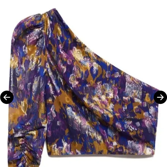 Mango One-Shoulder Fitted Blue, Purple and Gold Party Blouse - Picture 1 of 11